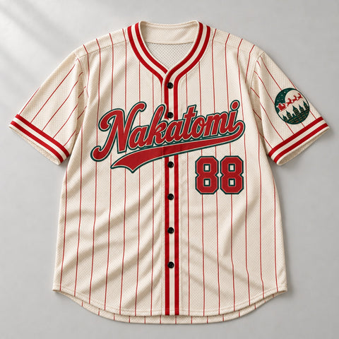 Cream pinstripe Christmas baseball jersey with a red Nakatomi script, number 88 and a sleigh patch, laid flat