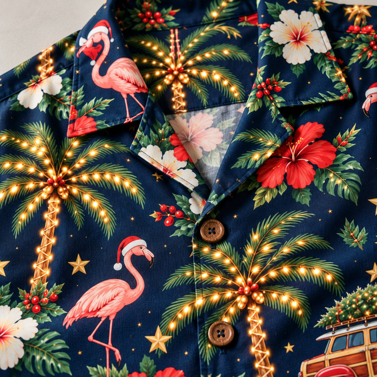 Close-up of the printed camp collar and coconut-style buttons