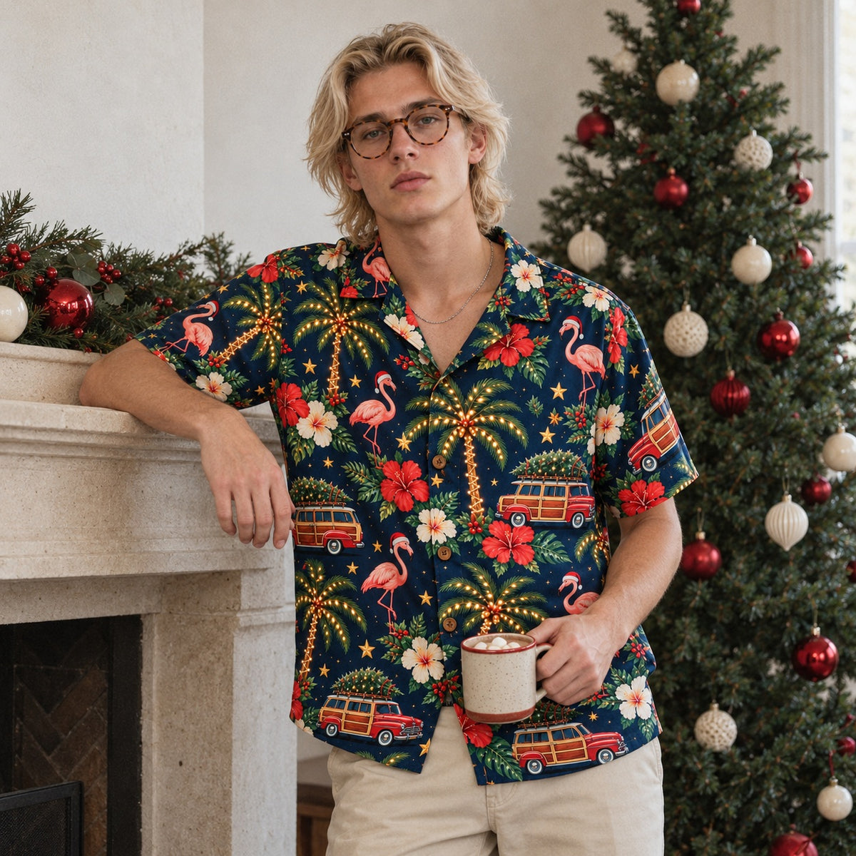 Man in a navy Christmas flamingo Hawaiian shirt beside a stone fireplace and a decorated tree