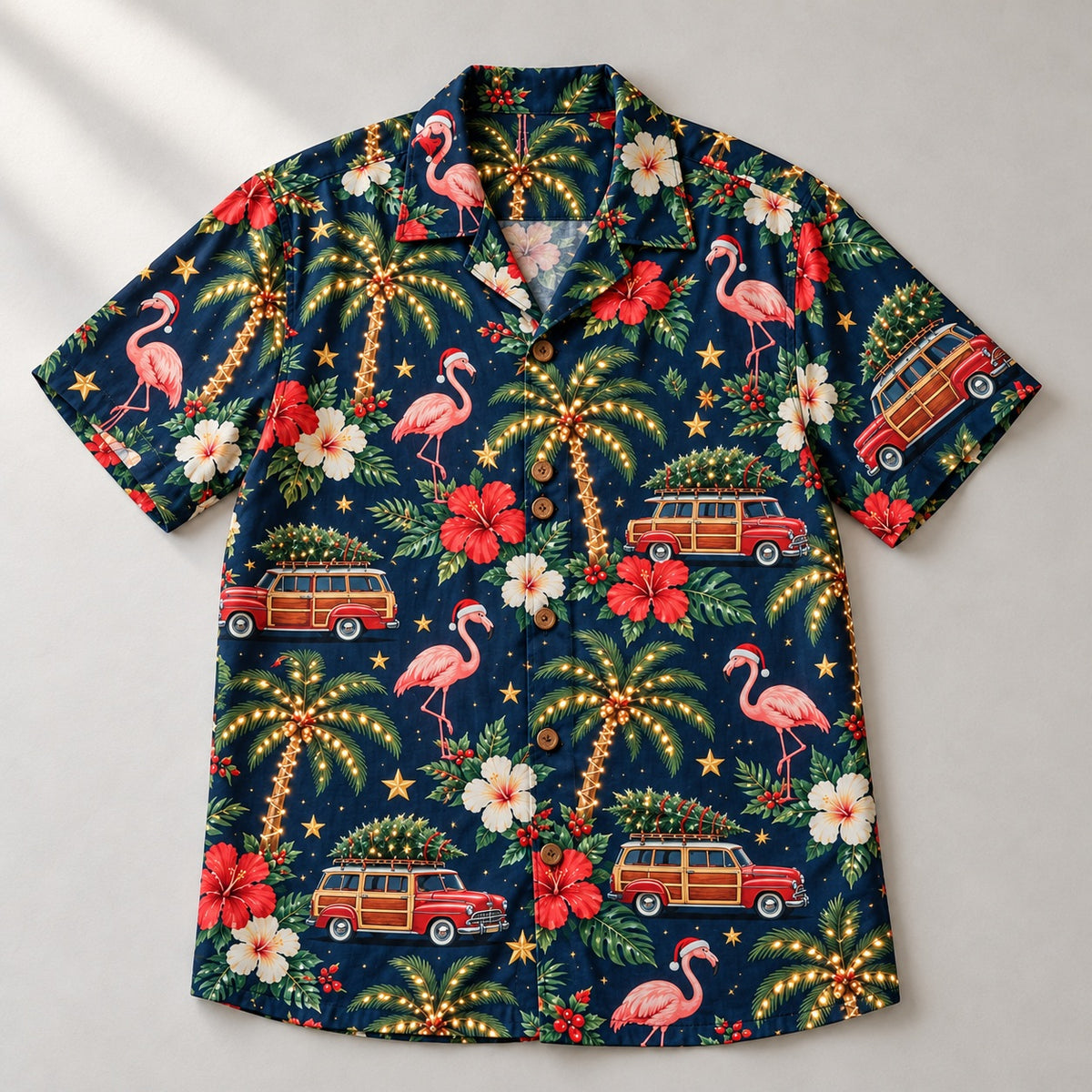 Christmas Hawaiian shirt with flamingos in Santa hats, lit palm trees and wood-paneled wagons carrying trees, laid flat