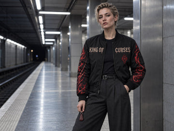 Model in a black graphic bomber jacket standing on a subway platform at night