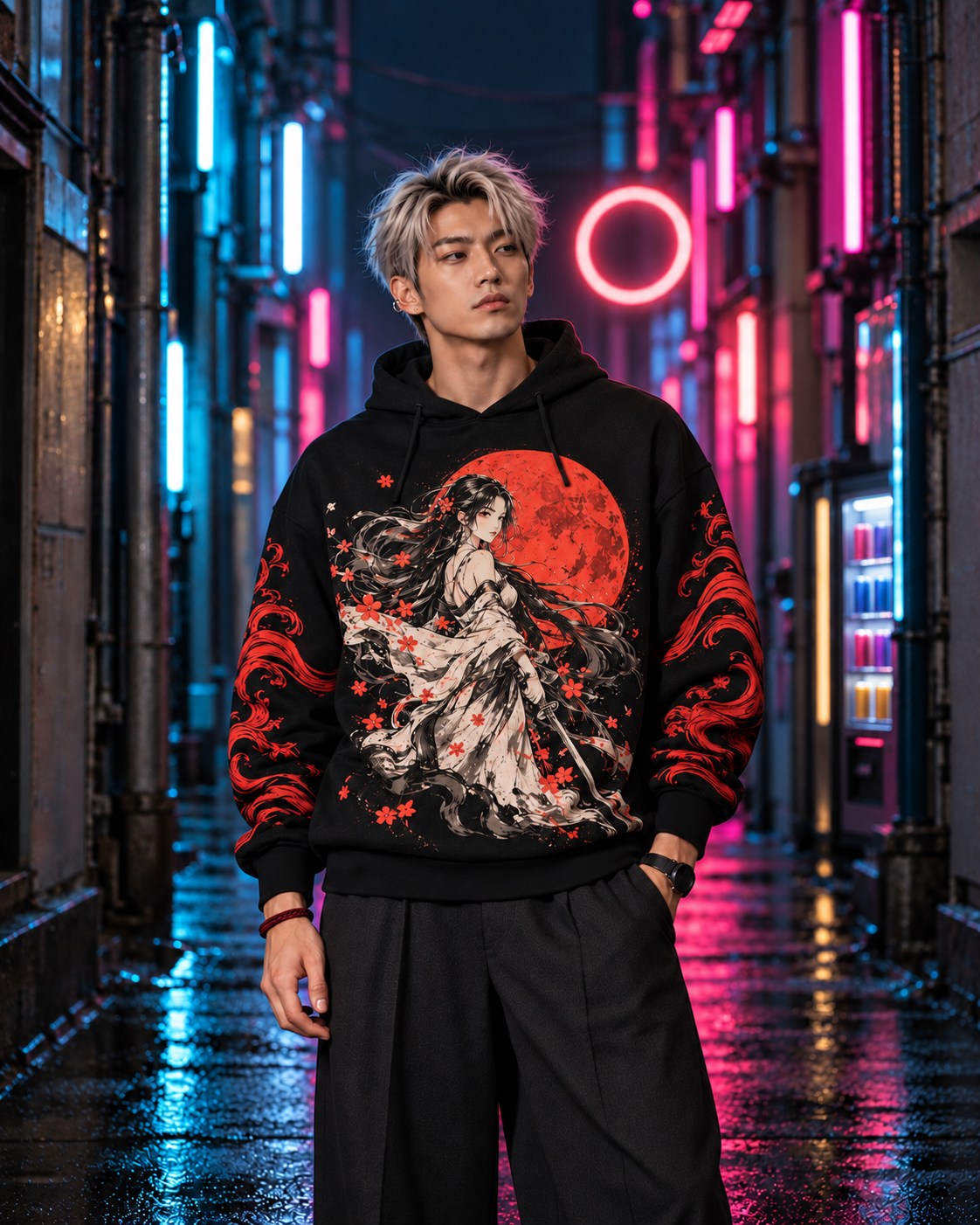 Model in a black hoodie with an ink-wash swordswoman and red moon print in a neon-lit alley