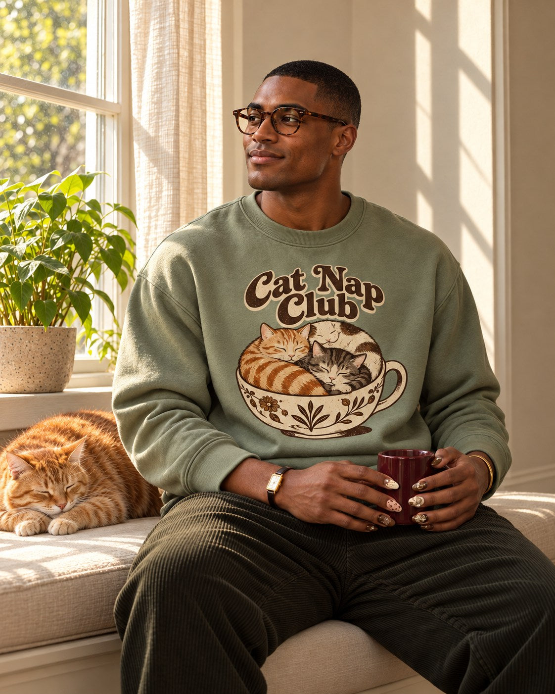 Model in a sage Cat Nap Club sweatshirt holding a mug by a sunny window with an orange cat