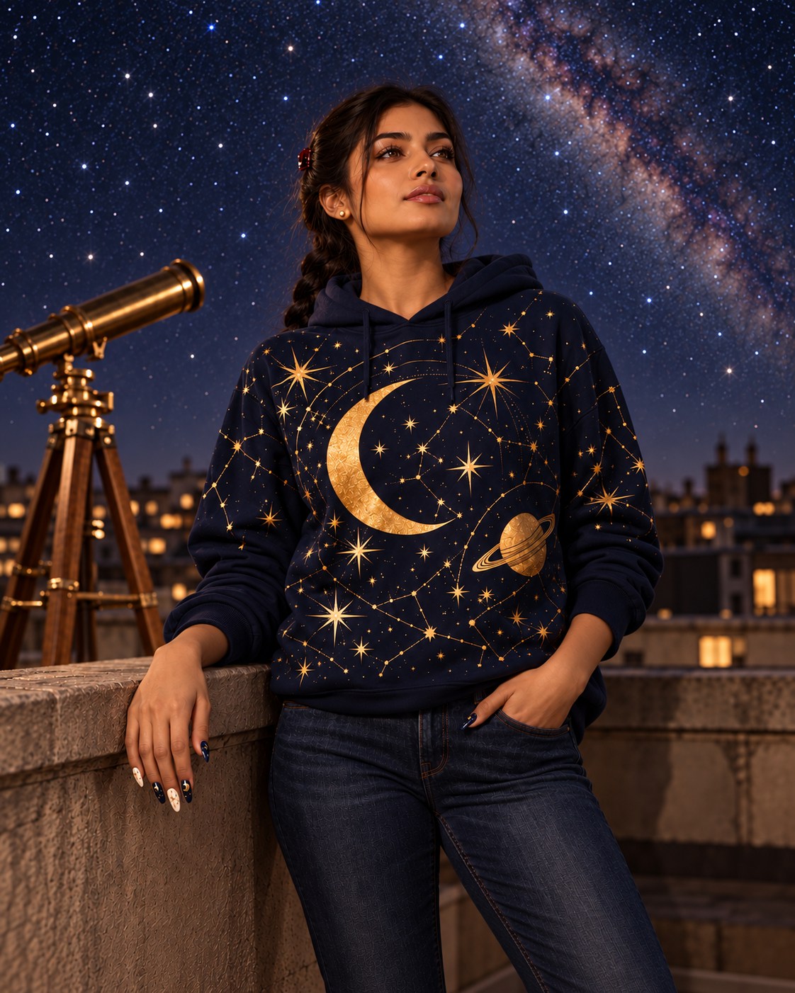 Model in a navy constellation hoodie with a gold moon print on a rooftop beside a telescope