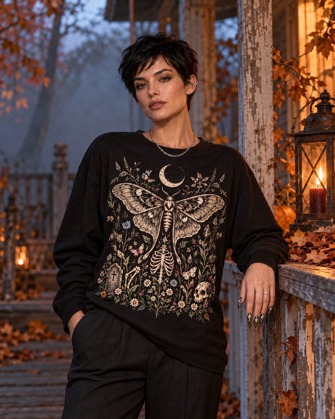 Model in a black long-sleeve tee with a gothic moth print and dark floral nails on a foggy autumn porch