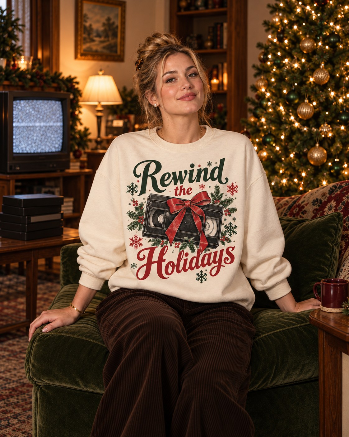Model in a cream Rewind the Holidays sweatshirt in a cozy living room with a Christmas tree
