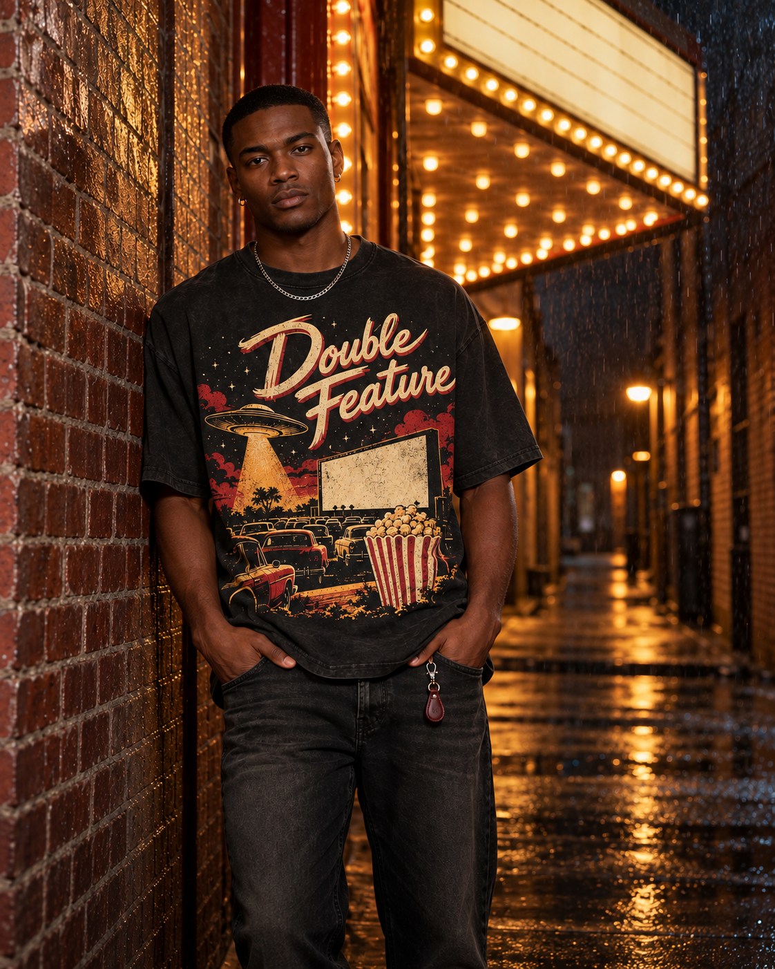 Model in a black Double Feature graphic tee under a cinema marquee on a rainy night