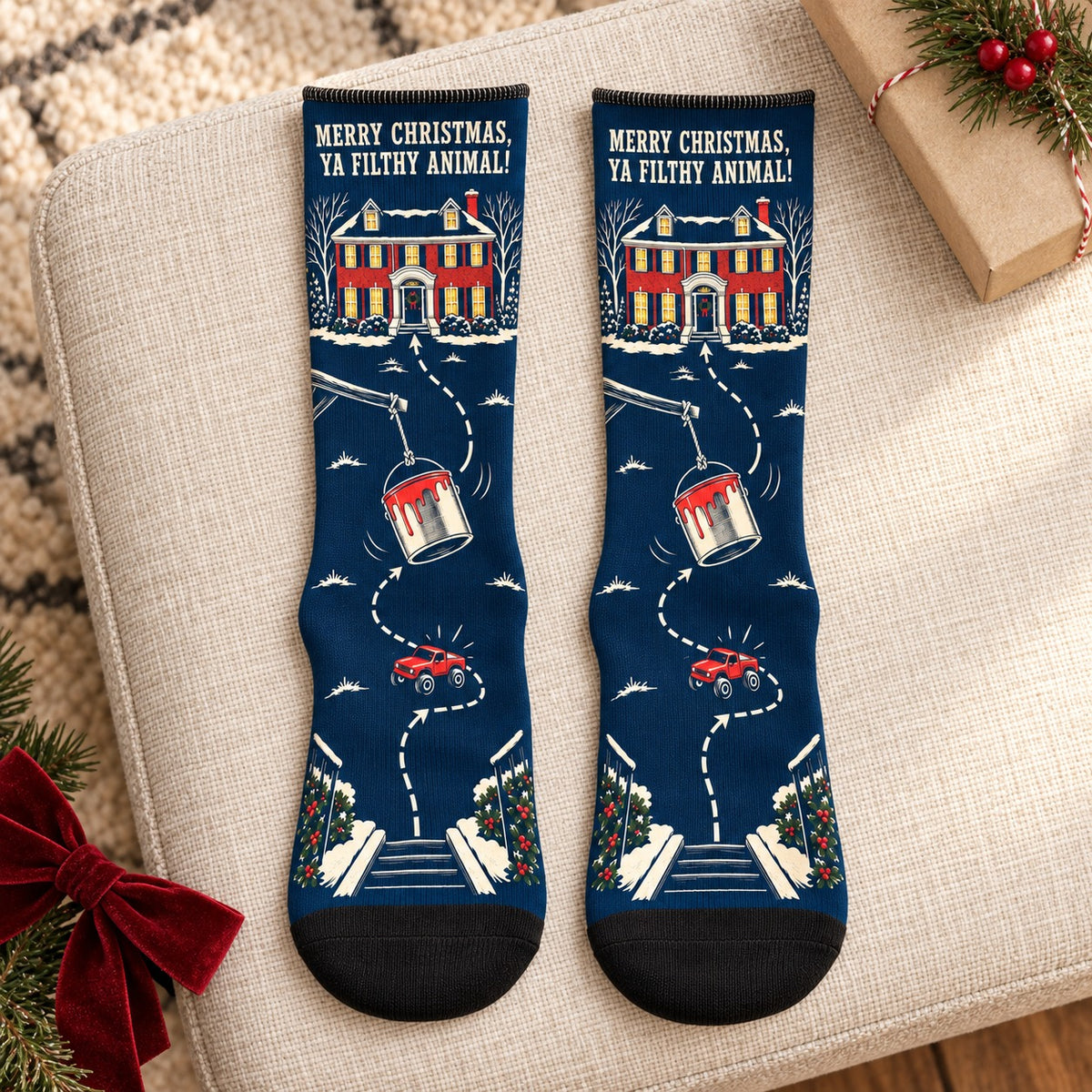 Crew socks laid flat: Ya Filthy Animal Christmas Crew Socks