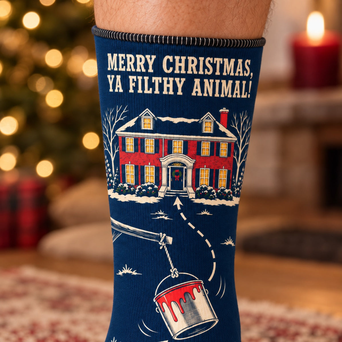 Close-up of the printed sock: Ya Filthy Animal Christmas Crew Socks