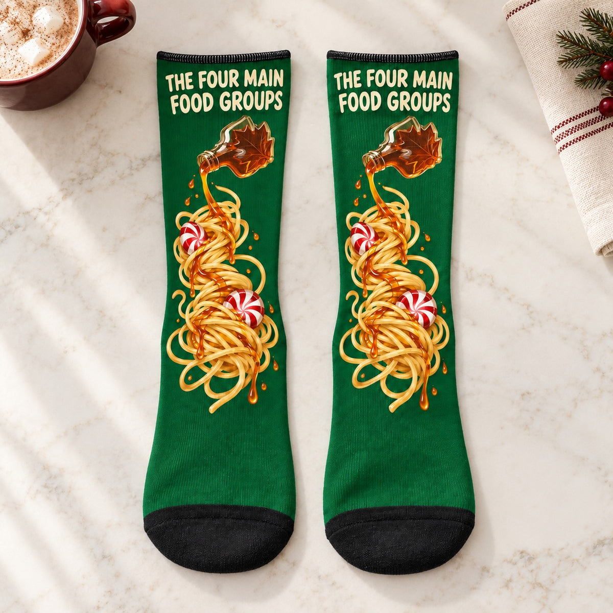 Crew socks laid flat: The Four Main Food Groups Christmas Crew Socks