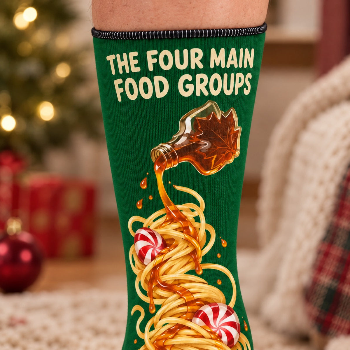 Close-up of the printed sock: The Four Main Food Groups Christmas Crew Socks