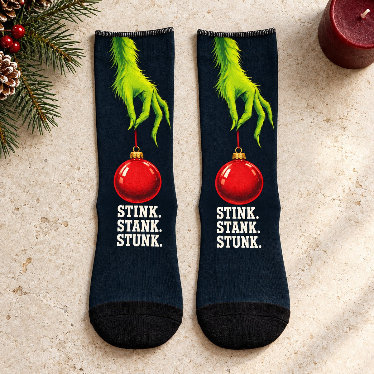 Crew socks laid flat: Stink Stank Stunk Christmas Crew Socks