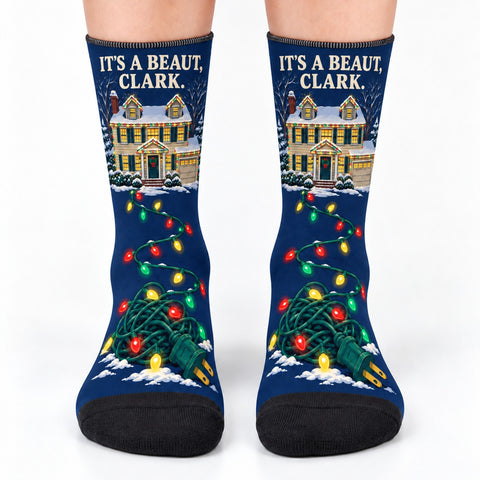 Crew socks front view: It's a Beaut Clark Christmas Crew Socks