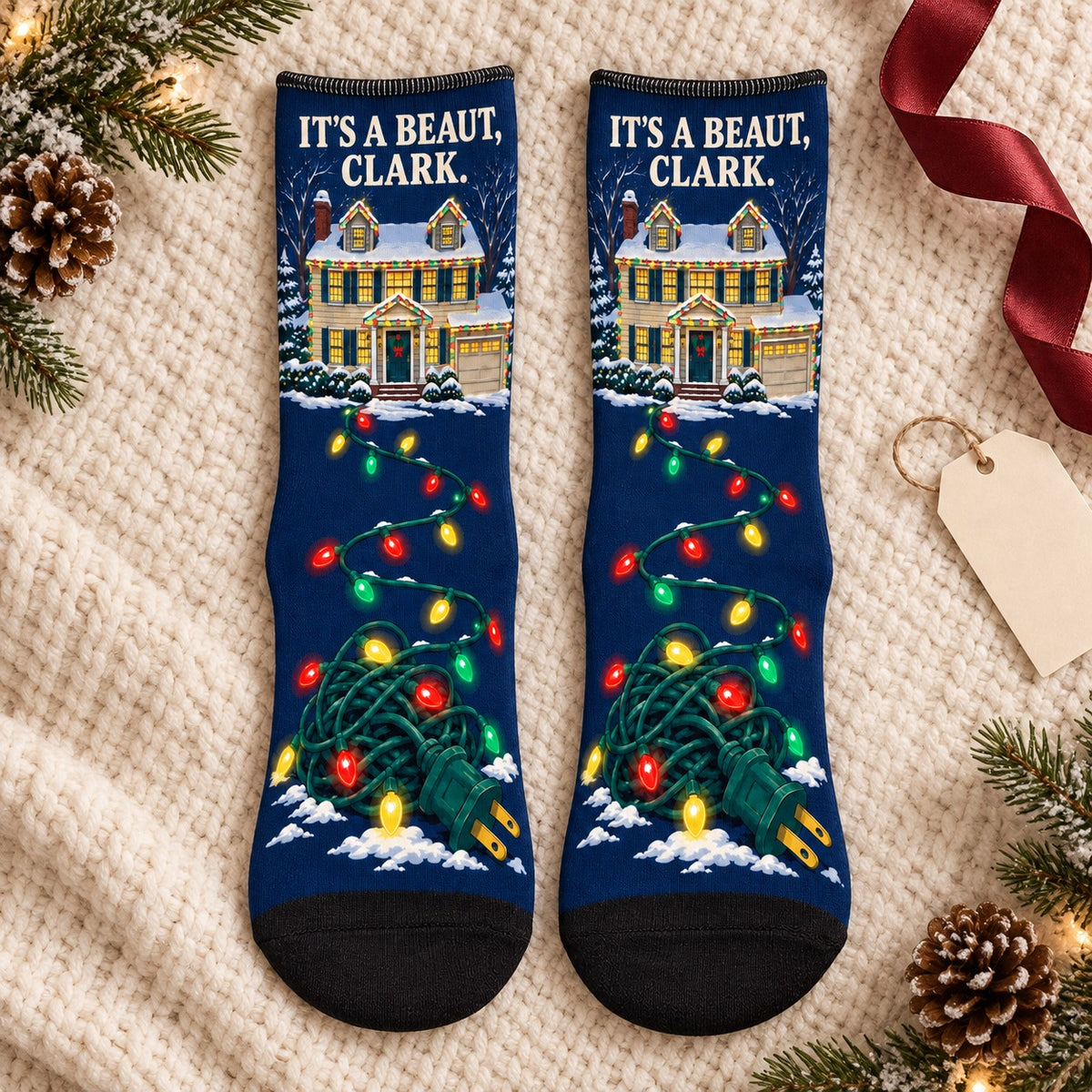 Crew socks laid flat: It's a Beaut Clark Christmas Crew Socks