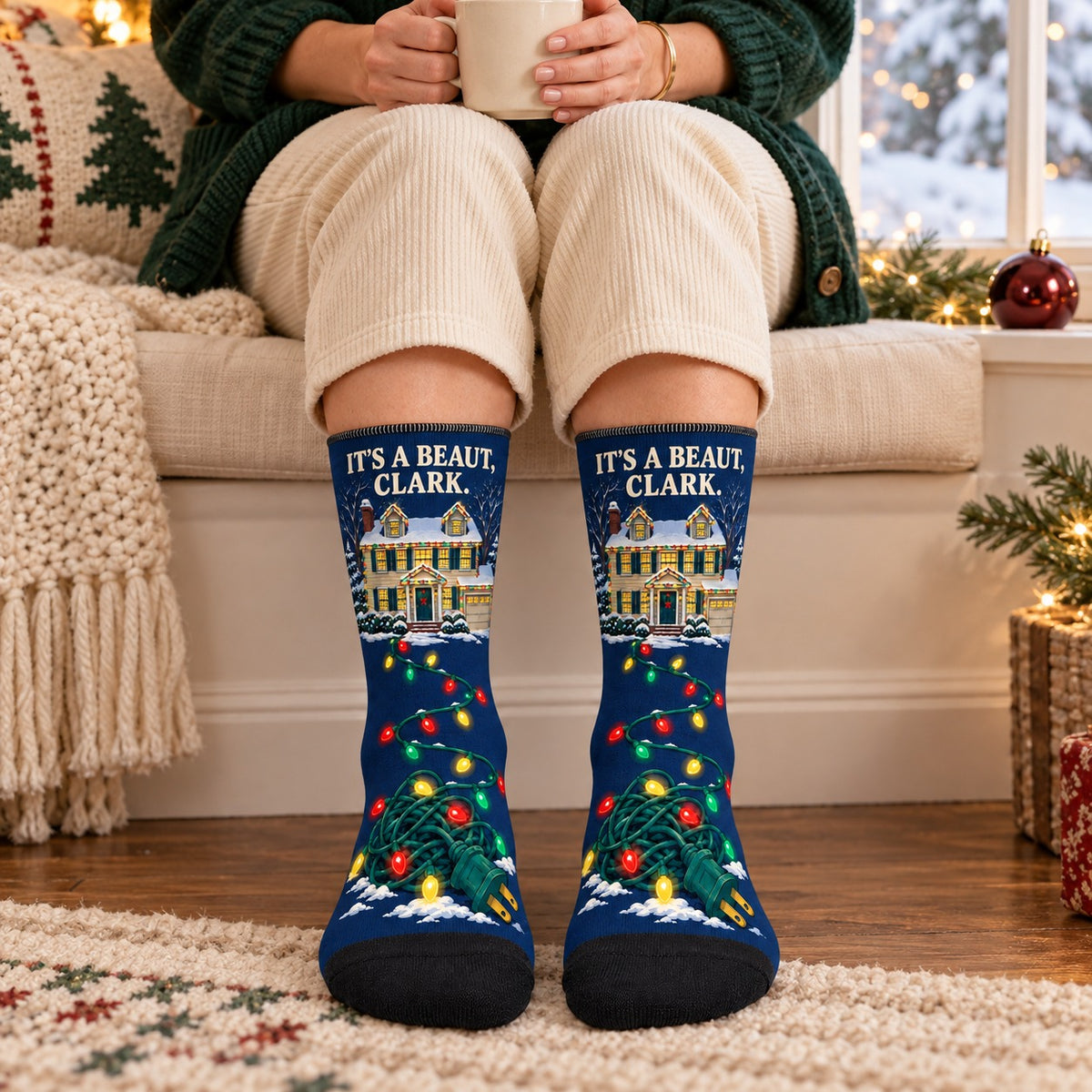 Crew socks worn while sitting: It's a Beaut Clark Christmas Crew Socks