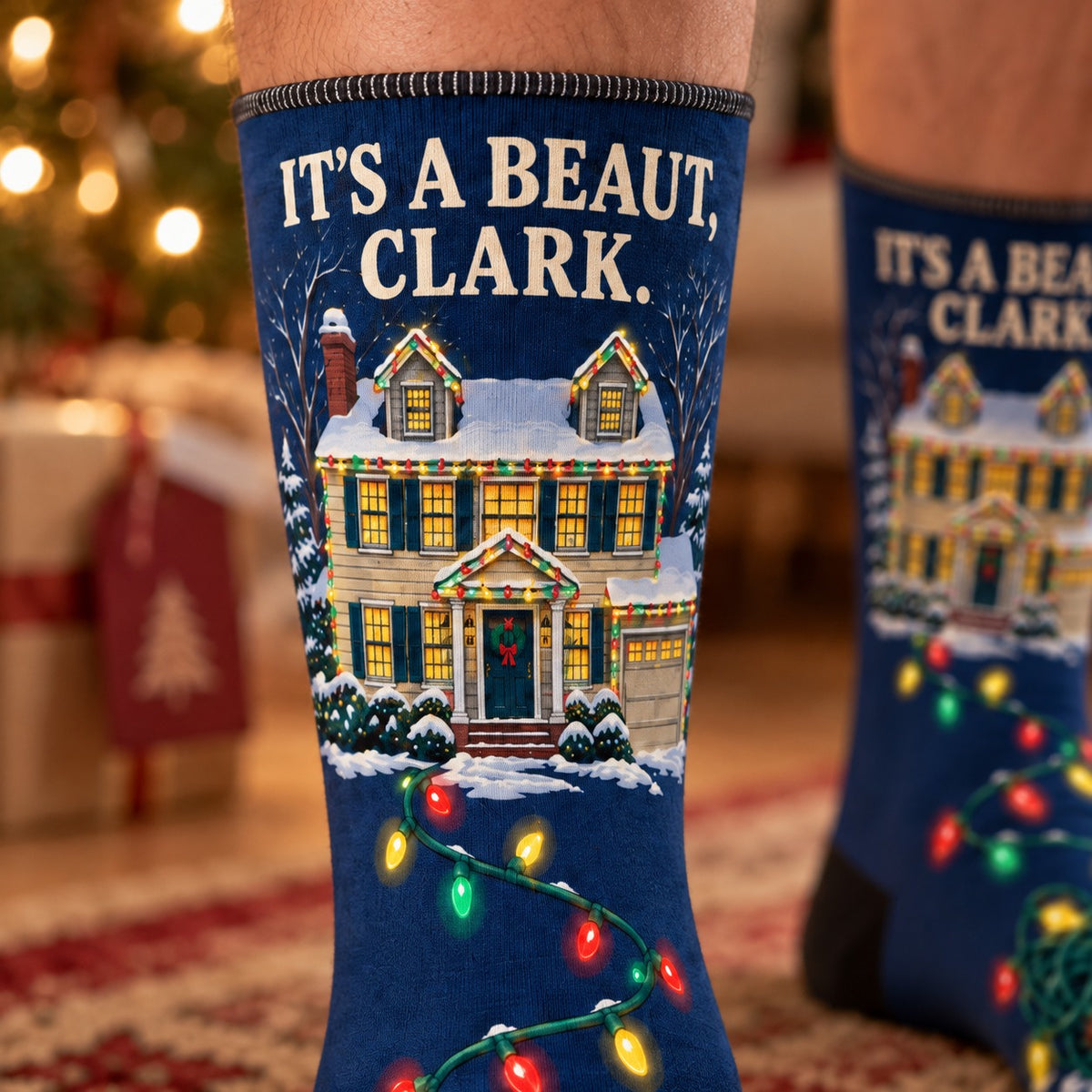 Close-up of the printed sock: It's a Beaut Clark Christmas Crew Socks
