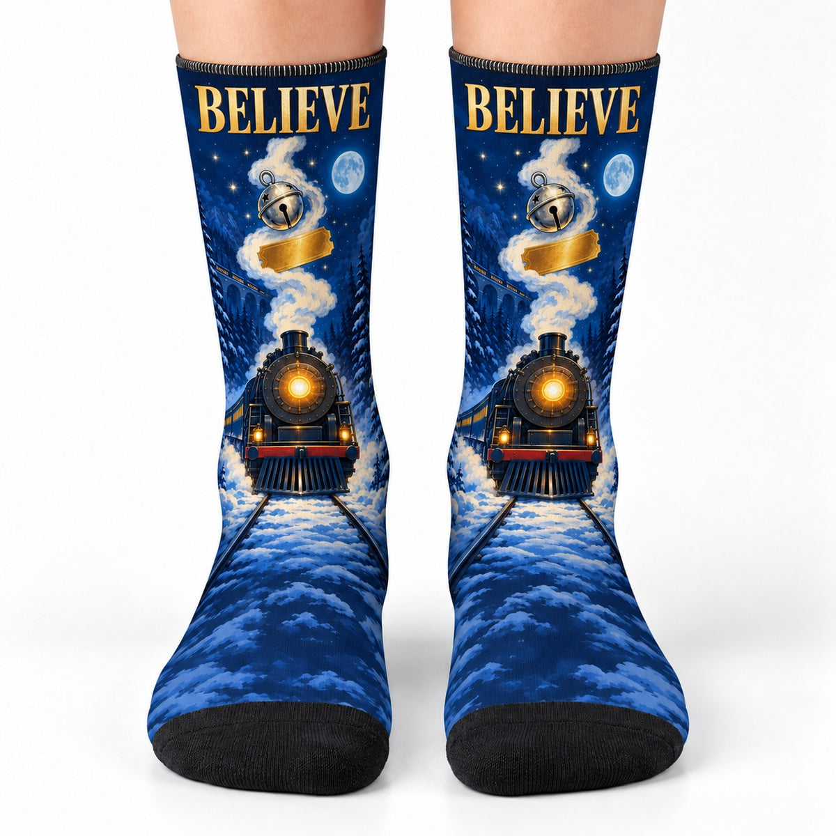 Crew socks front view: Believe Golden Ticket Christmas Crew Socks