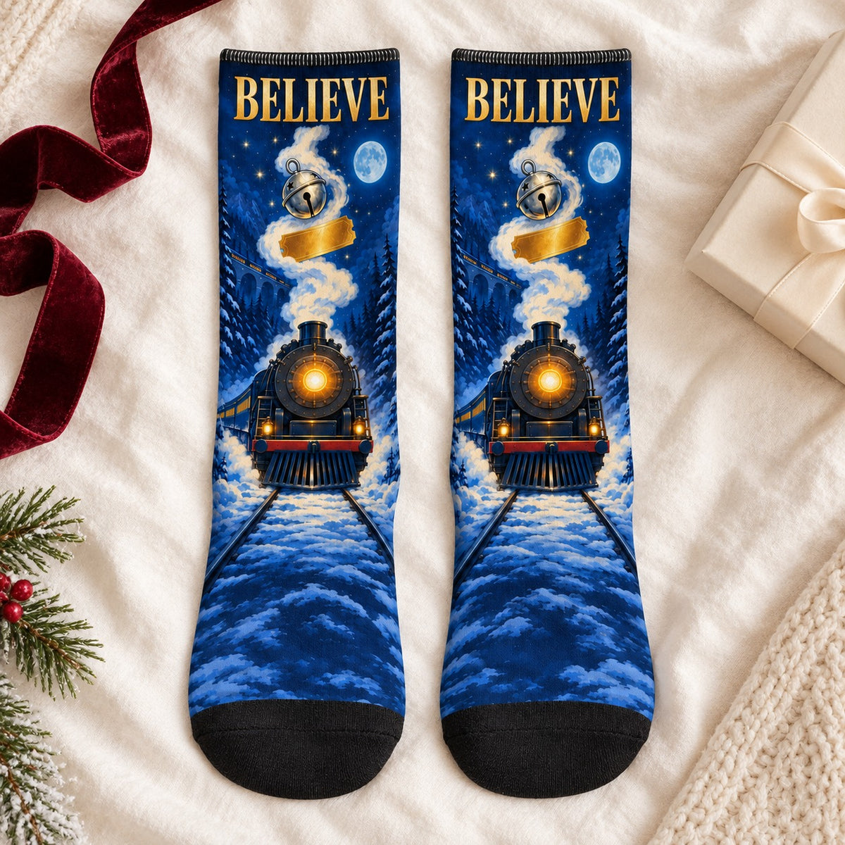 Crew socks laid flat: Believe Golden Ticket Christmas Crew Socks