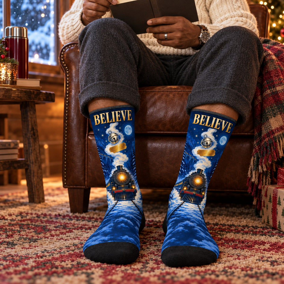 Crew socks worn while sitting: Believe Golden Ticket Christmas Crew Socks