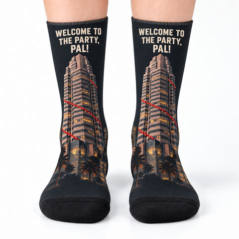 Crew socks front view: Welcome to the Party Pal Christmas Crew Socks