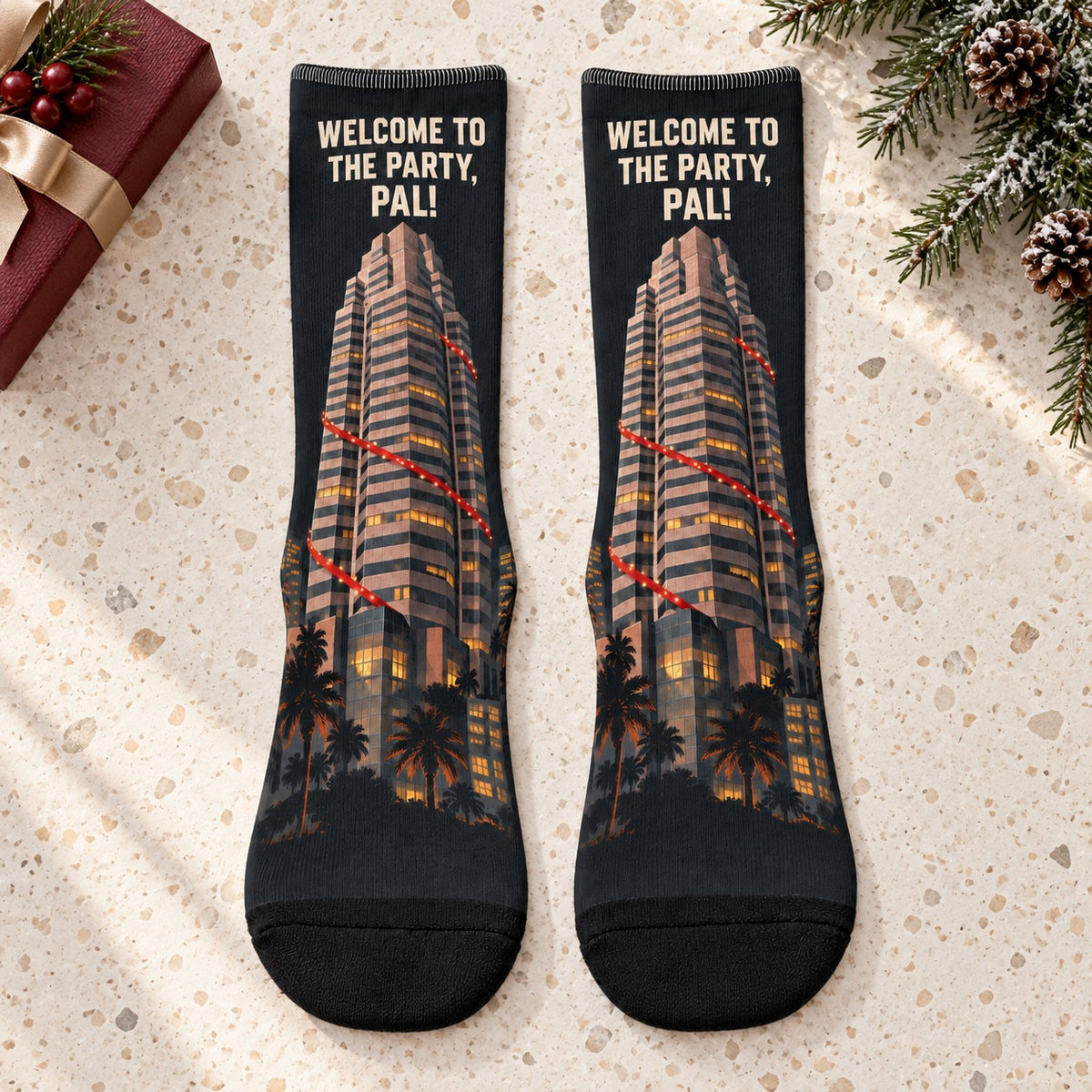 Crew socks laid flat: Welcome to the Party Pal Christmas Crew Socks