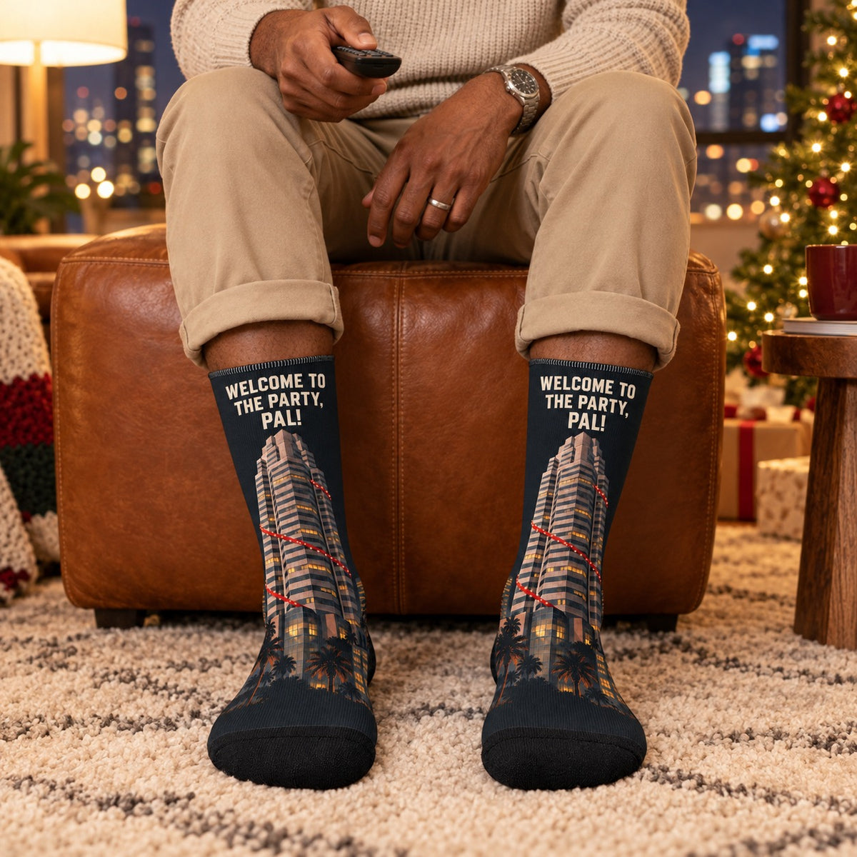 Crew socks worn while sitting: Welcome to the Party Pal Christmas Crew Socks