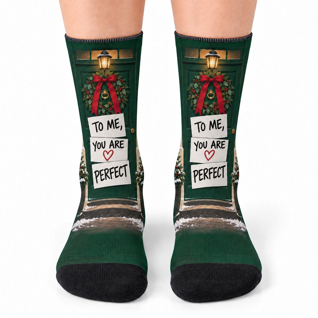 Crew socks front view: To Me You Are Perfect Christmas Crew Socks
