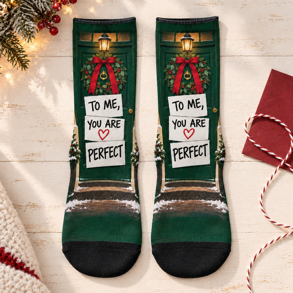 Crew socks laid flat: To Me You Are Perfect Christmas Crew Socks