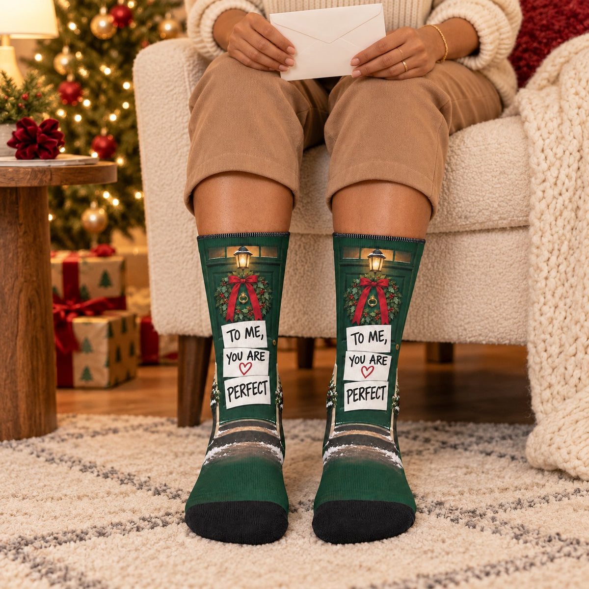 Crew socks worn while sitting: To Me You Are Perfect Christmas Crew Socks