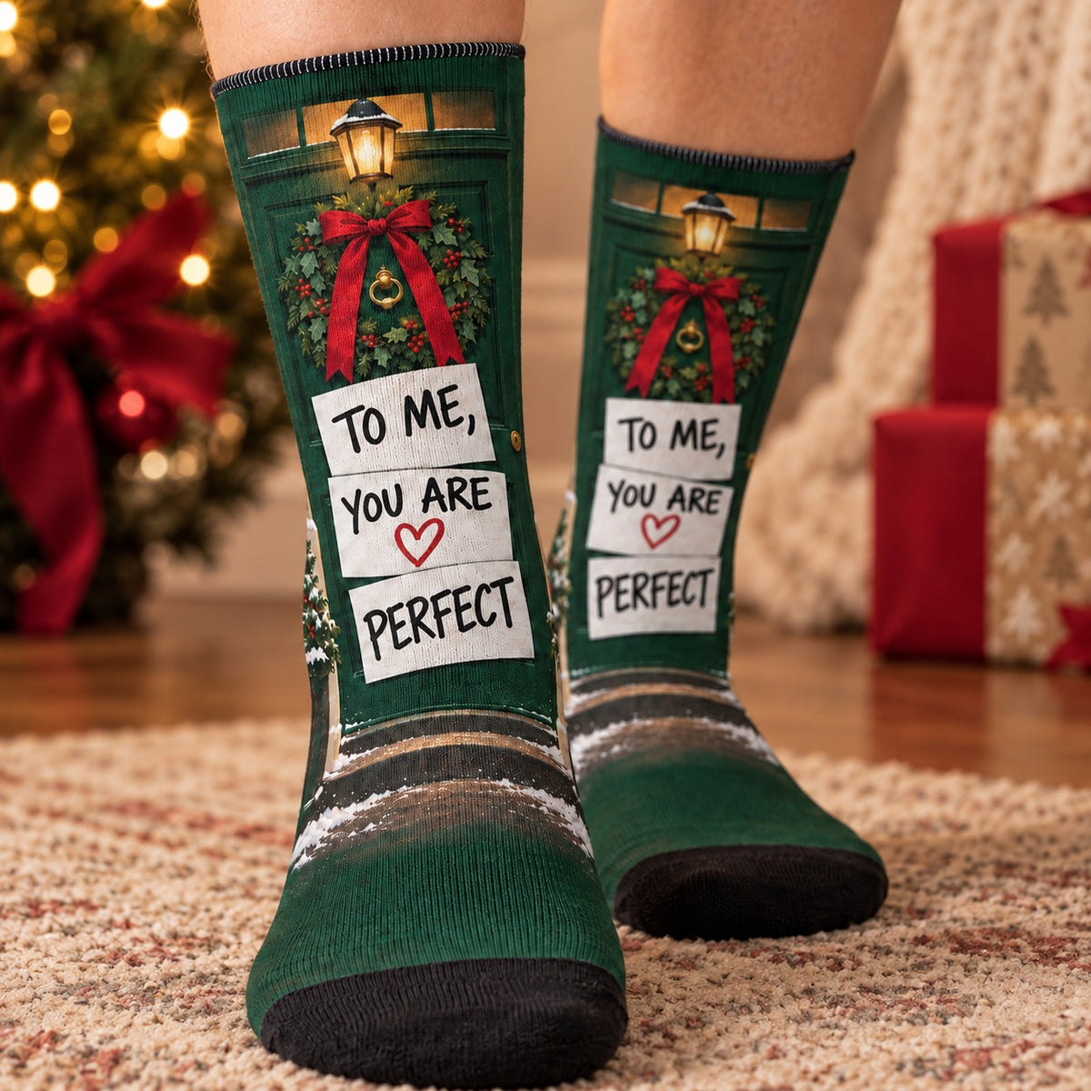 Close-up of the printed sock: To Me You Are Perfect Christmas Crew Socks