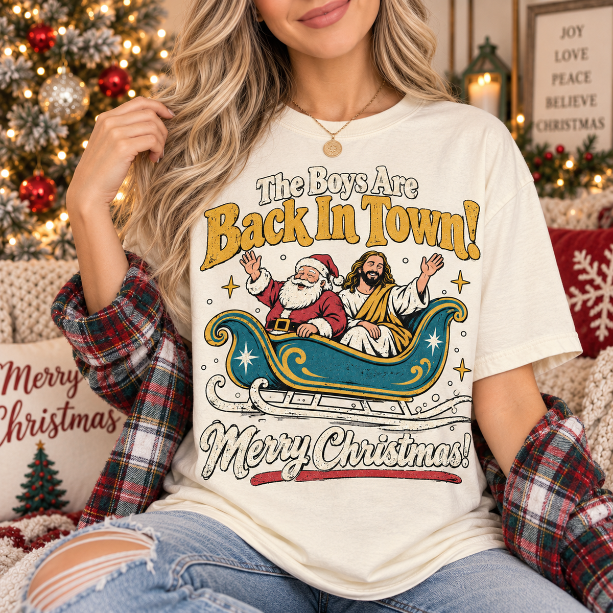 The Boys Are Back in Town Jesus and Santa Christmas T-Shirt