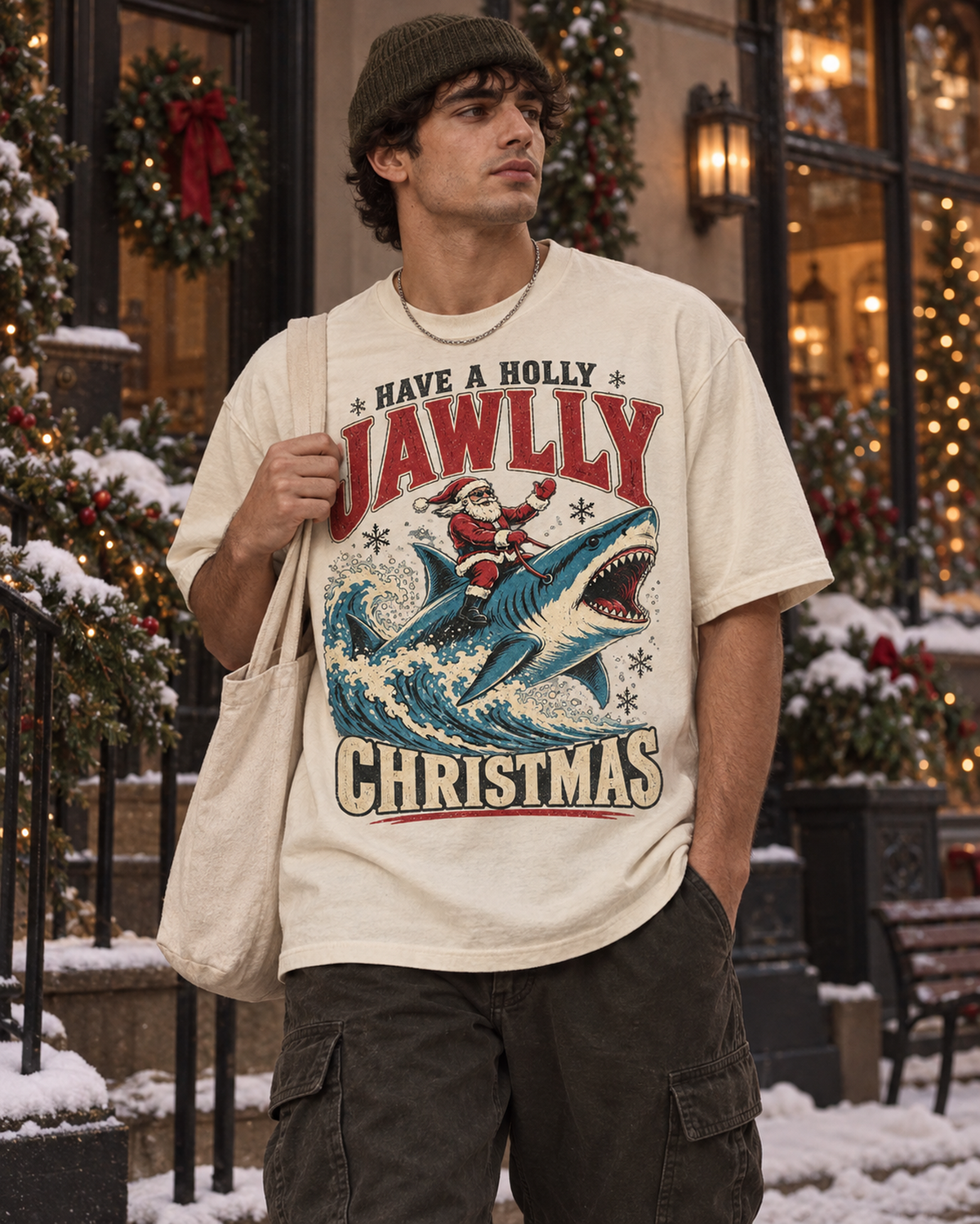Have a Holly Jawlly Christmas Shark Graphic T-Shirt