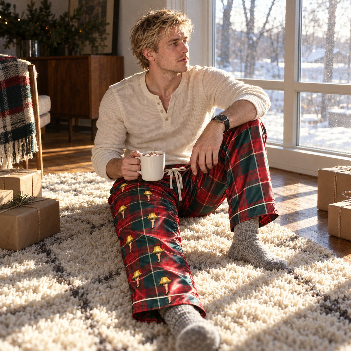Man in tartan satin pajama pants sitting on a white rug with cocoa