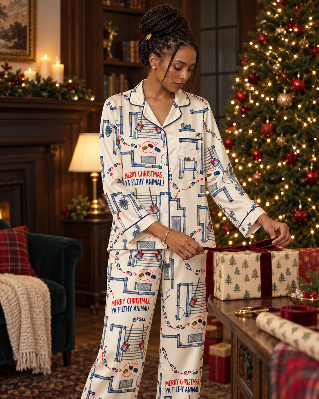 Matching satin pajama set, front view: Ya Filthy Animal Satin Pajama Set