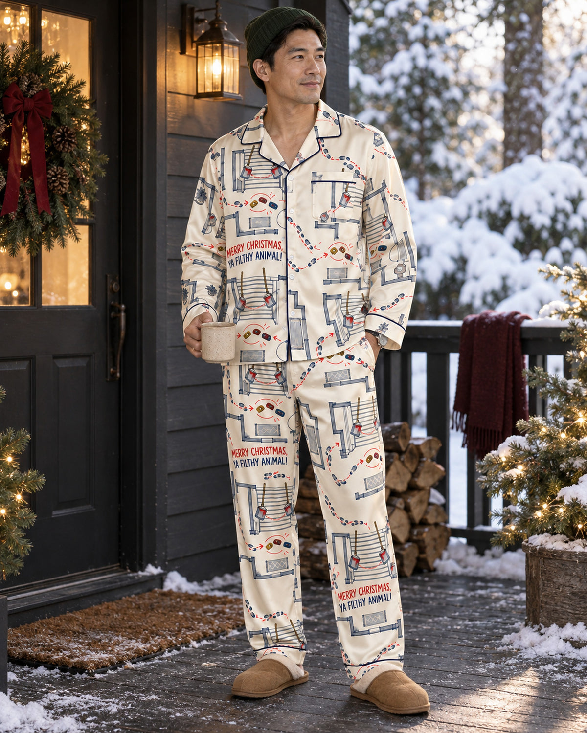 Couple wearing matching satin pajamas: Ya Filthy Animal Satin Pajama Set
