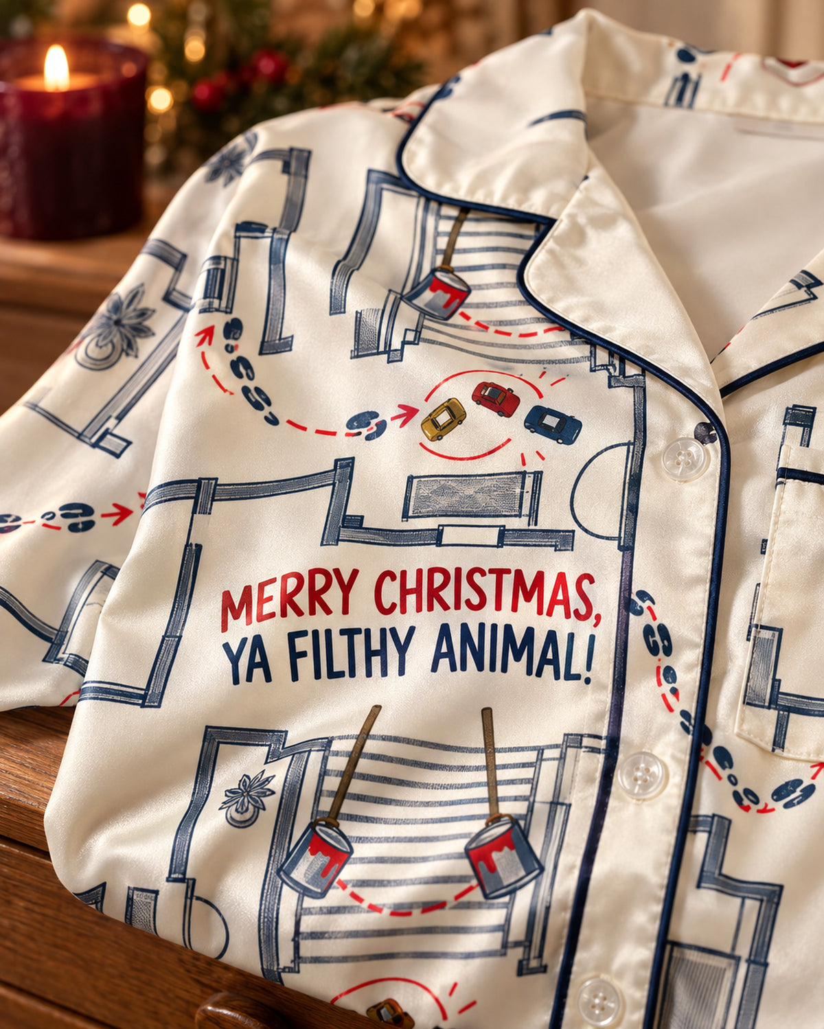 Close-up of the printed satin fabric: Ya Filthy Animal Satin Pajama Set