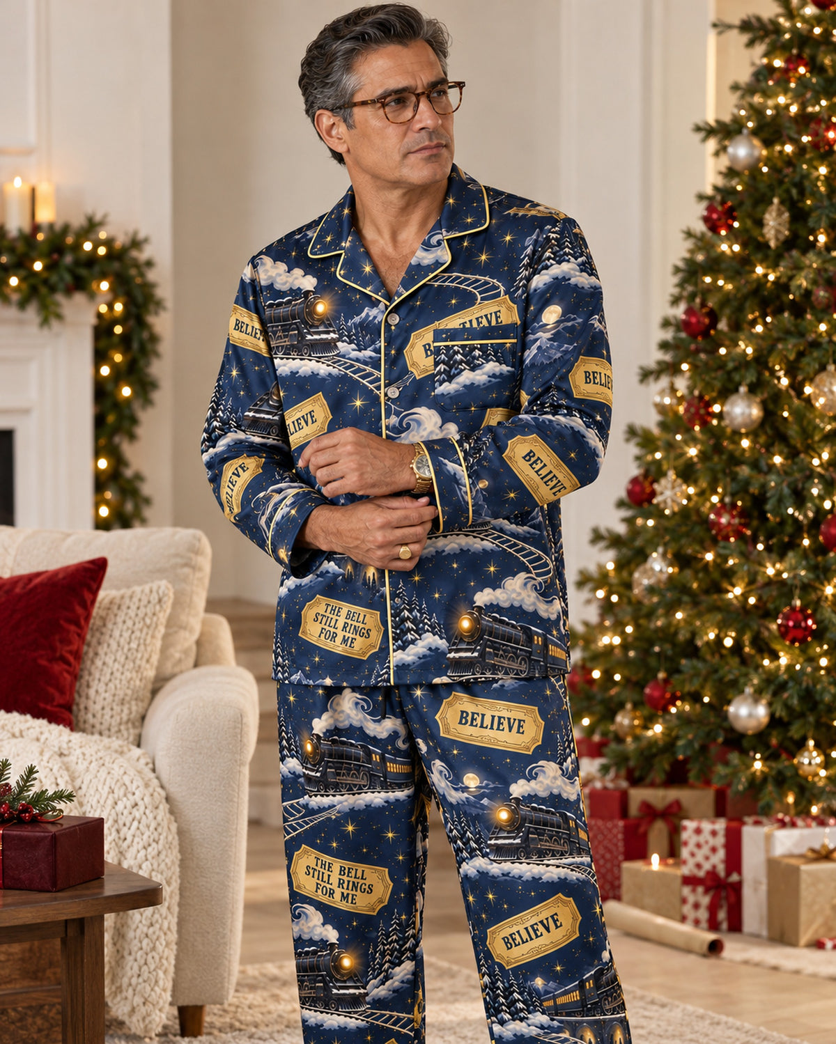 Matching satin pajama set, front view: Believe Golden Ticket Satin Pajama Set