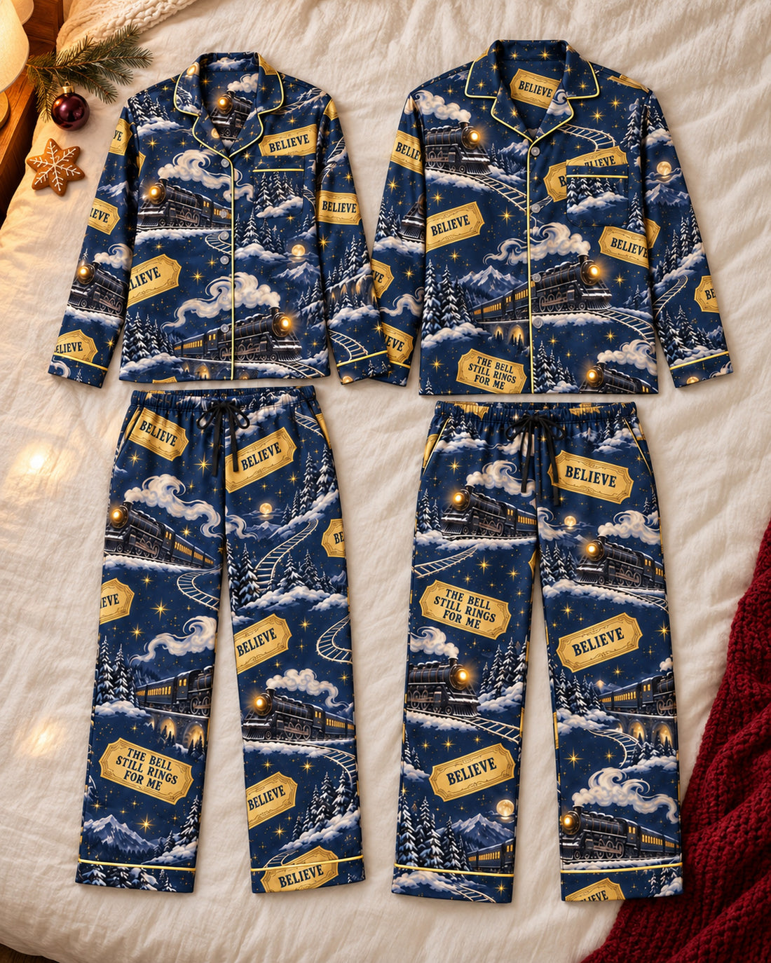 Matching satin pajama set, front view: Believe Golden Ticket Satin Pajama Set