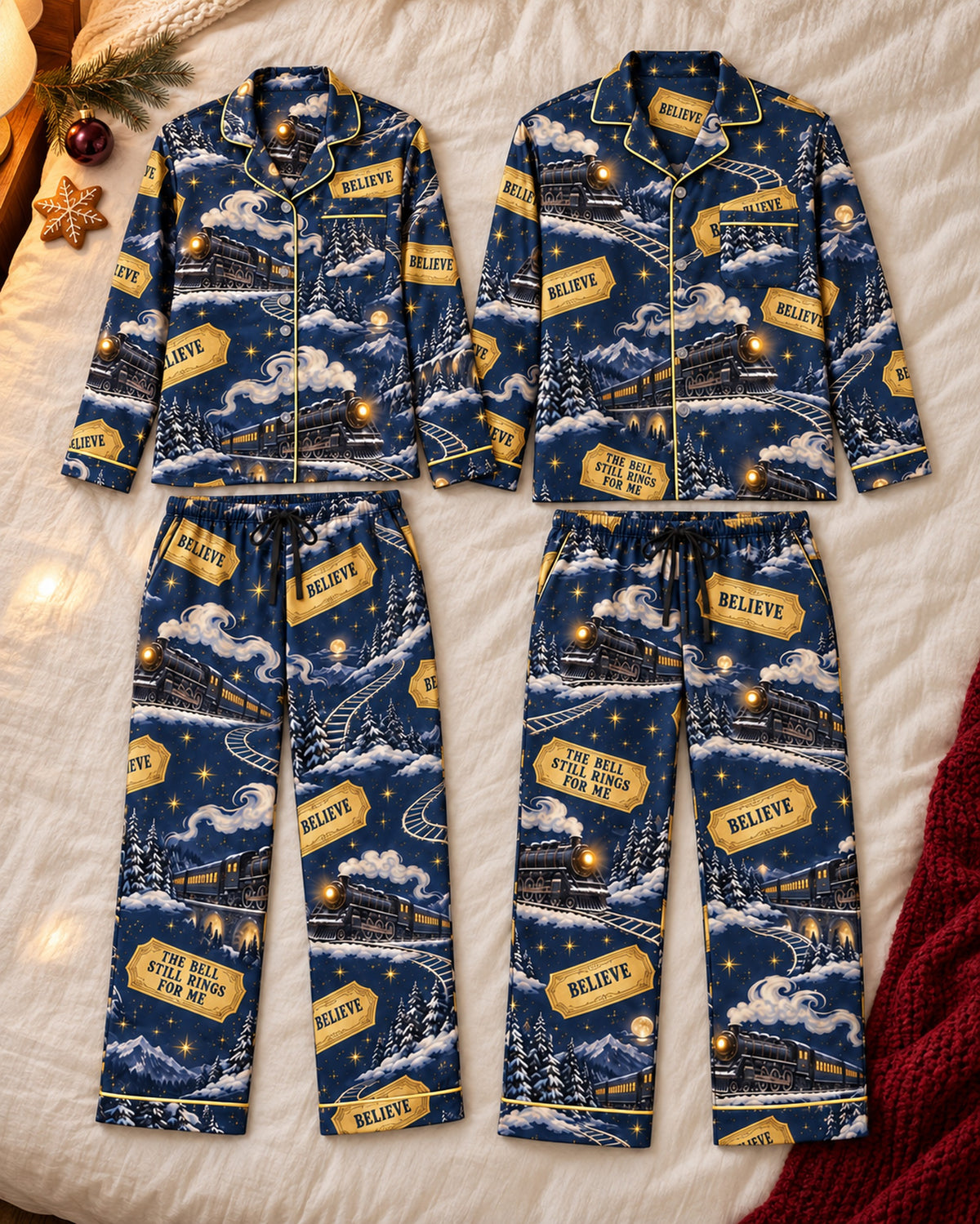 Two satin pajama sets laid flat: Believe Golden Ticket Satin Pajama Set