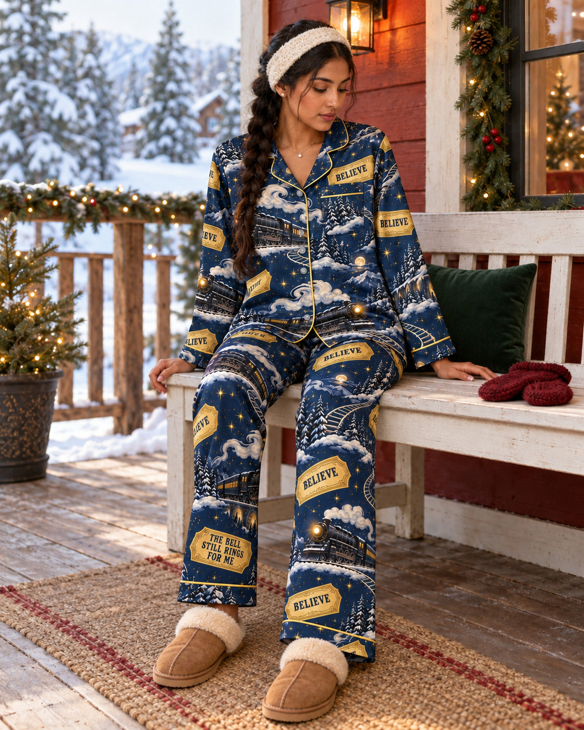 Couple wearing matching satin pajamas: Believe Golden Ticket Satin Pajama Set