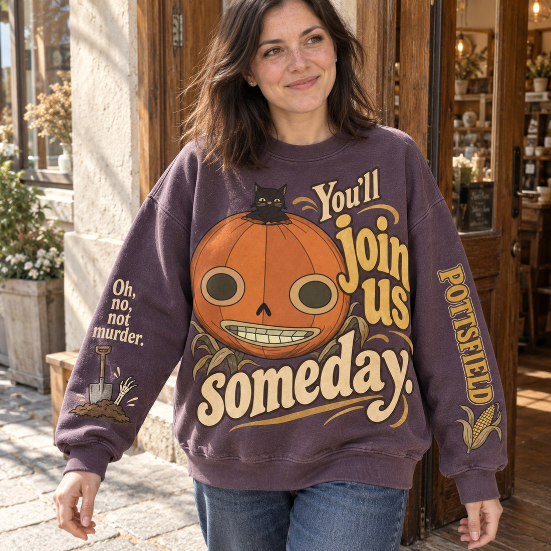 You'll Join Us Someday pumpkin all-over print sweatshirt
