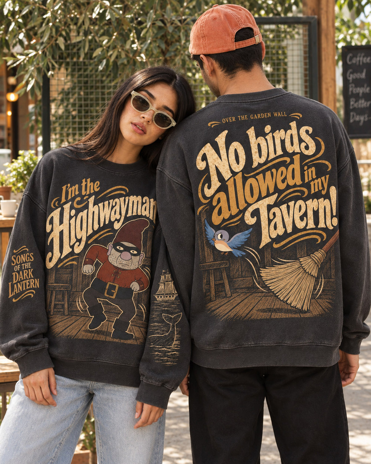 Highwayman sweatshirt front and back worn by two people