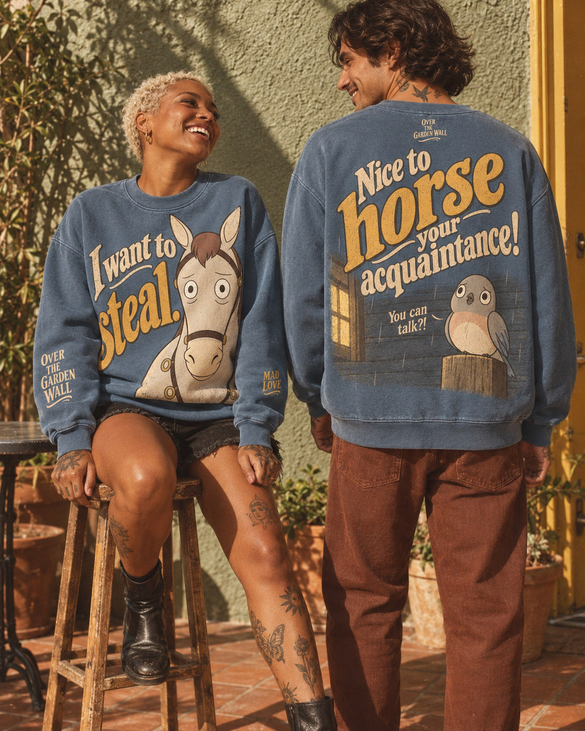 Horse sweatshirt front and back worn by a couple