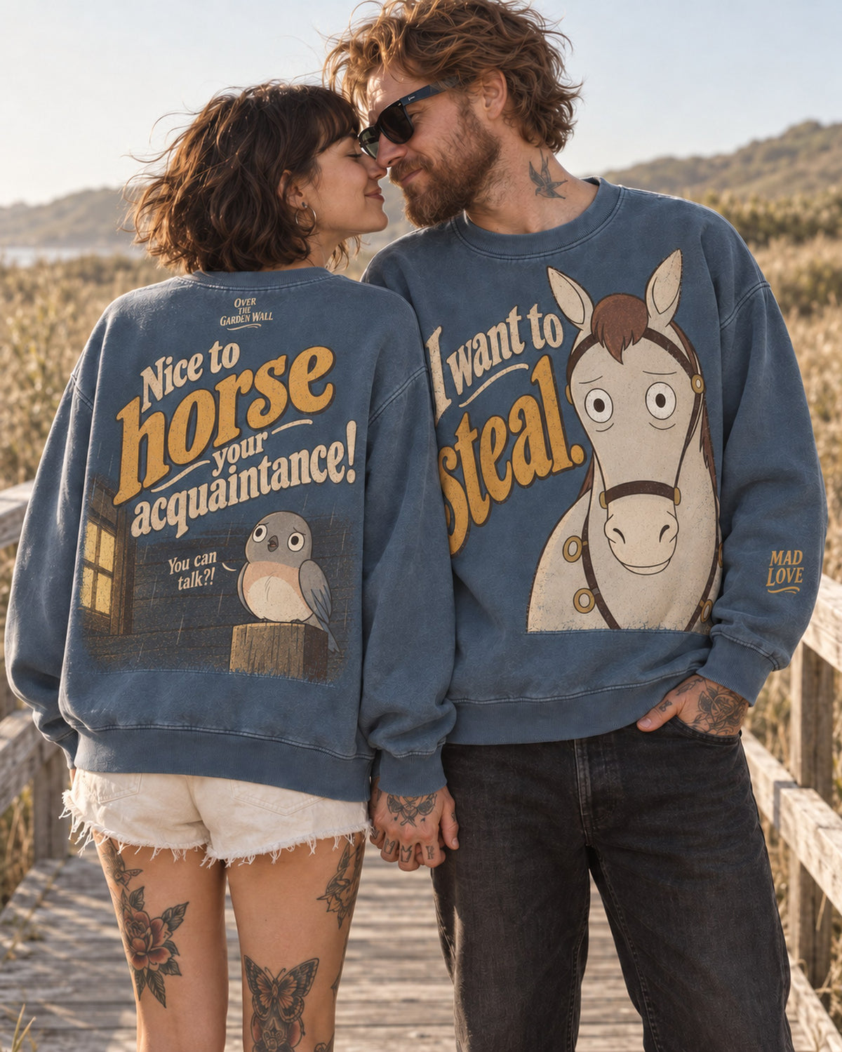 Horse sweatshirt couple outdoors