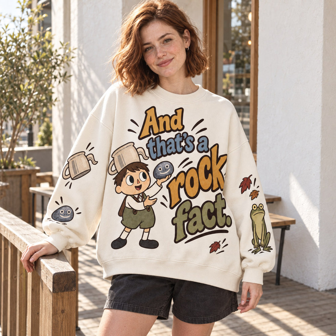 And That's a Rock Fact all-over print sweatshirt