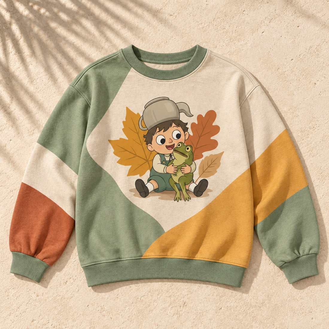 Autumn Leaves boy and frog all-over print sweatshirt