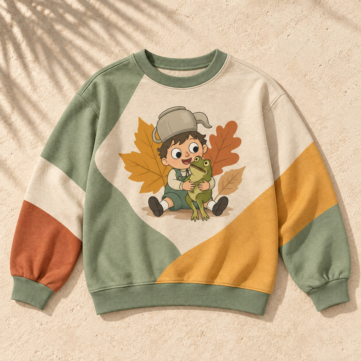 Boy and frog sweatshirt flat lay