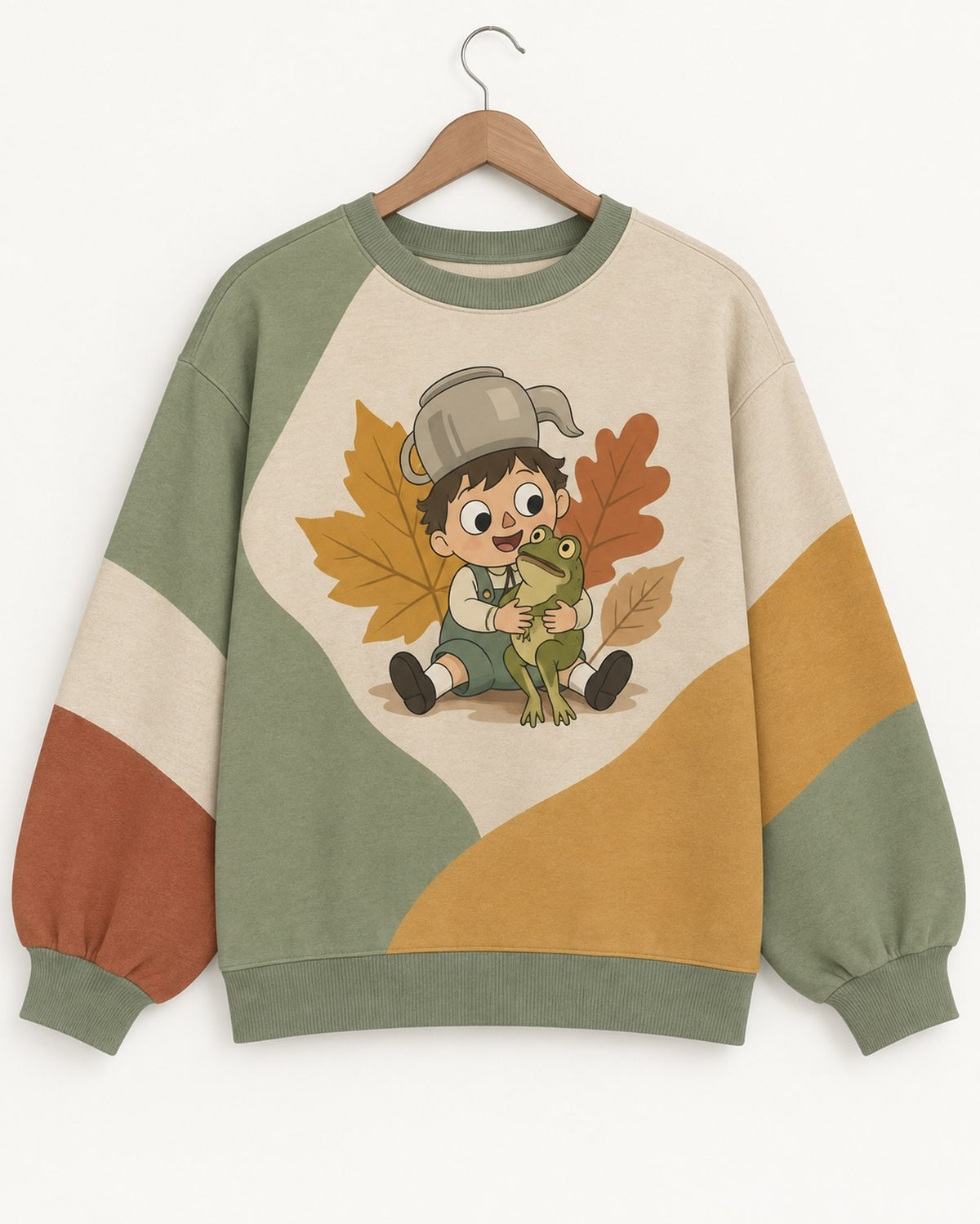 Autumn Leaves boy and frog all-over print sweatshirt