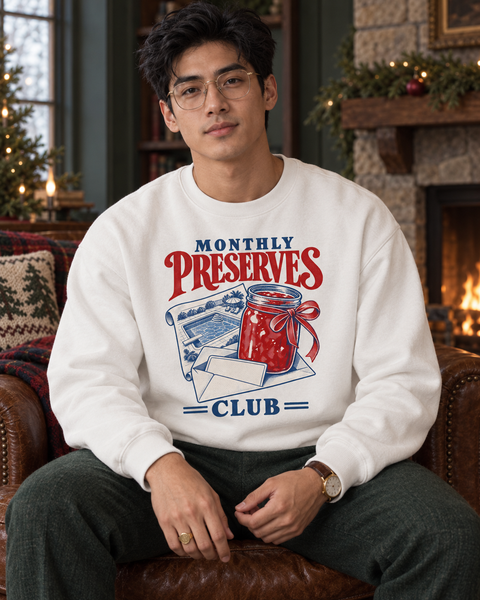 Monthly Preserves Club Christmas sweatshirt, white crewneck, worn