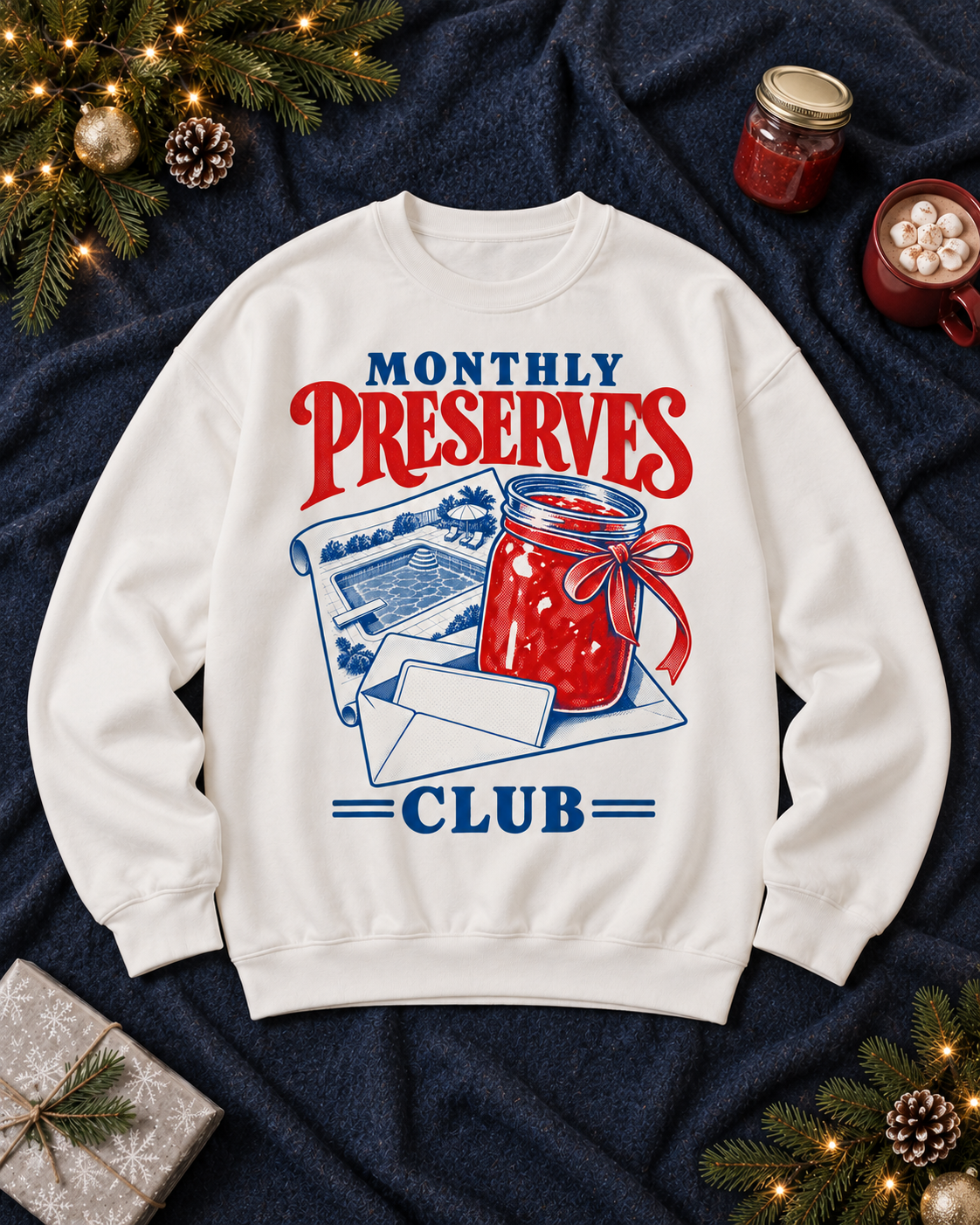 Monthly Preserves Club Christmas sweatshirt, white crewneck, flat lay
